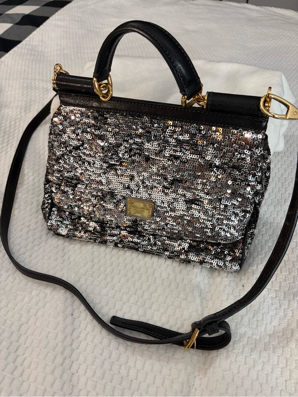 Dolce & Gabbana Black and Silver Sequin Top-Handle Crossbody Bag